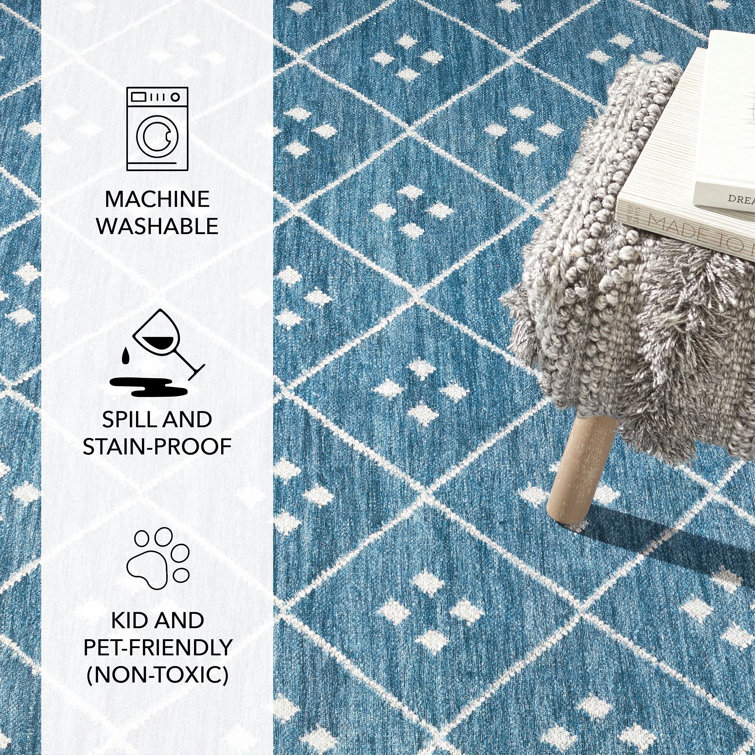 Indigo Blue Diamond Pattern Washable Synthetic Rug 2' x 3'