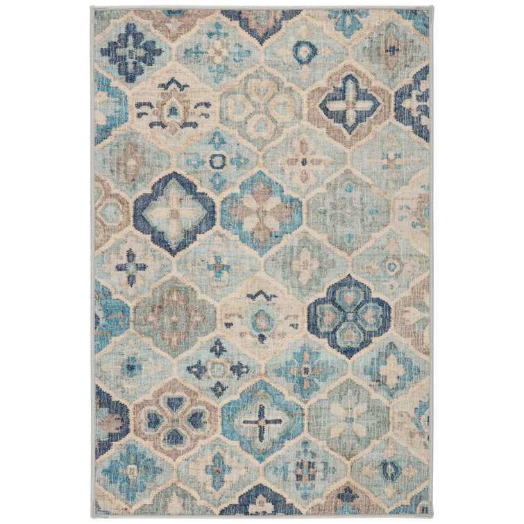 Pali Blue Geometric Washable Synthetic 5' x 8' Rug