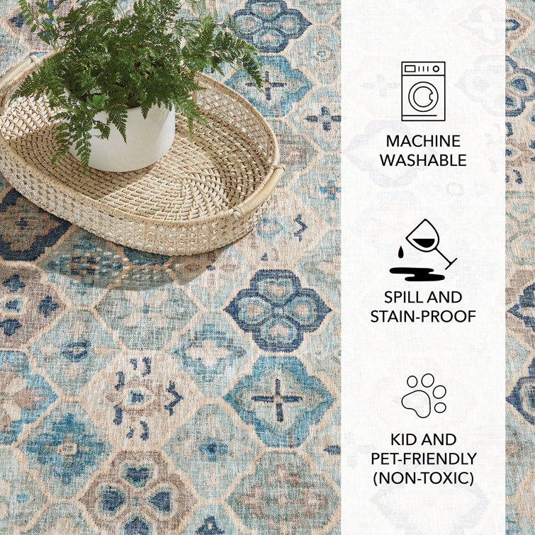 Pali Blue Geometric Washable Synthetic 5' x 8' Rug