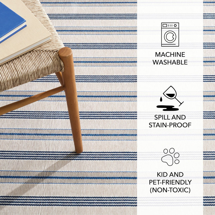 Gray and Blue Striped Synthetic Washable Rectangular Rug 3' x 5'