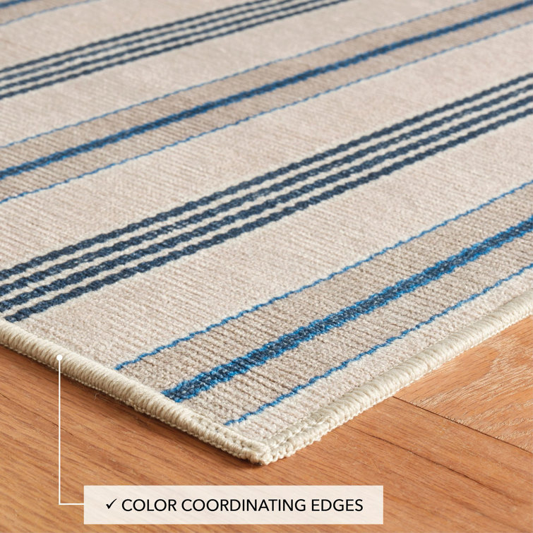 Gray and Blue Striped Synthetic Washable Rectangular Rug 3' x 5'
