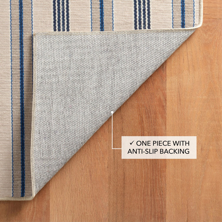 Gray and Blue Striped Synthetic Washable Rectangular Rug 3' x 5'