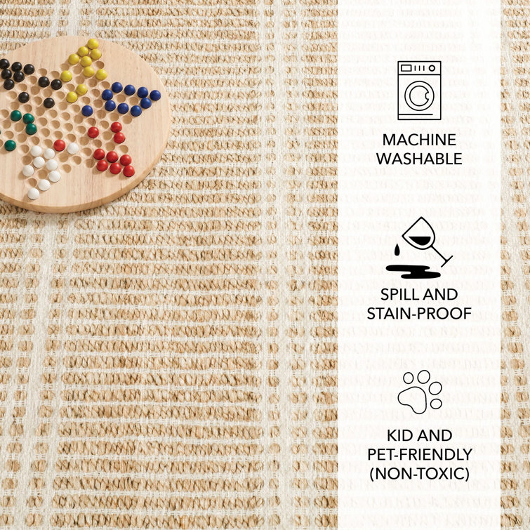 Arbor Natural Beige and White Stripe Machine Washable Rug, 3' x 5'