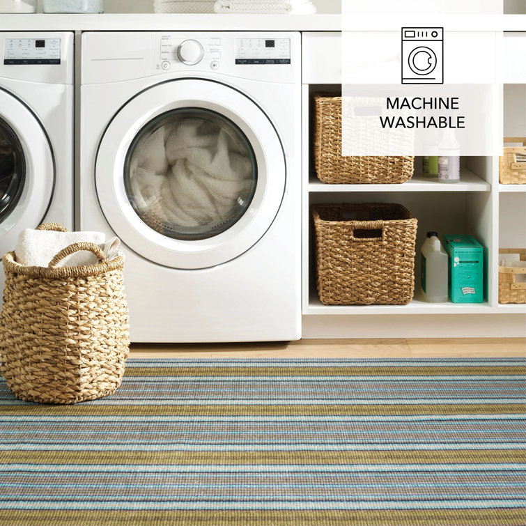 Green and Blue Stripe Synthetic Rectangular Washable Rug 3' x 5'
