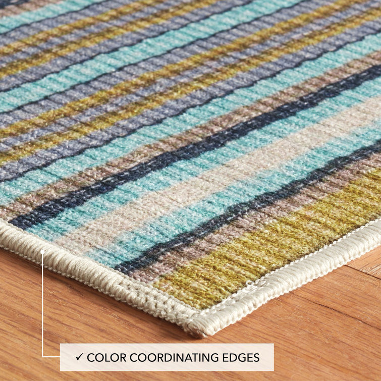 Green and Blue Stripe Synthetic Rectangular Washable Rug 3' x 5'