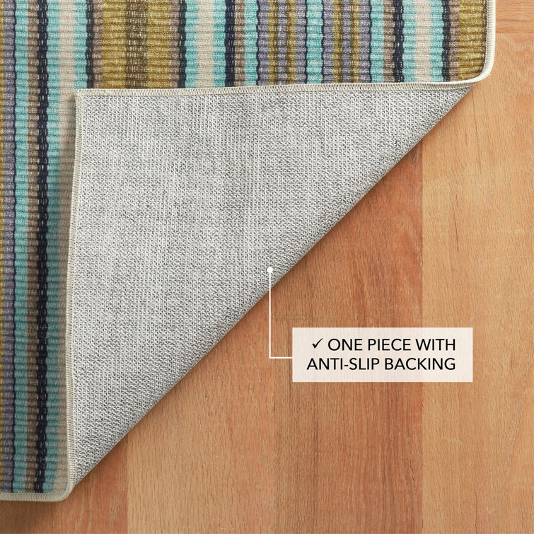 Green and Blue Stripe Synthetic Rectangular Washable Rug 3' x 5'
