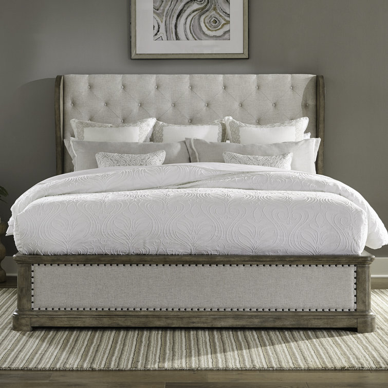 Queen Oak Veneer Panel Bed Set with Cream Linen Upholstery