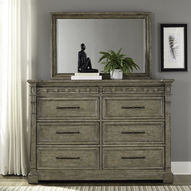 Dusty Taupe Oak Veneer Queen Panel Bed Set with Dresser and Mirror