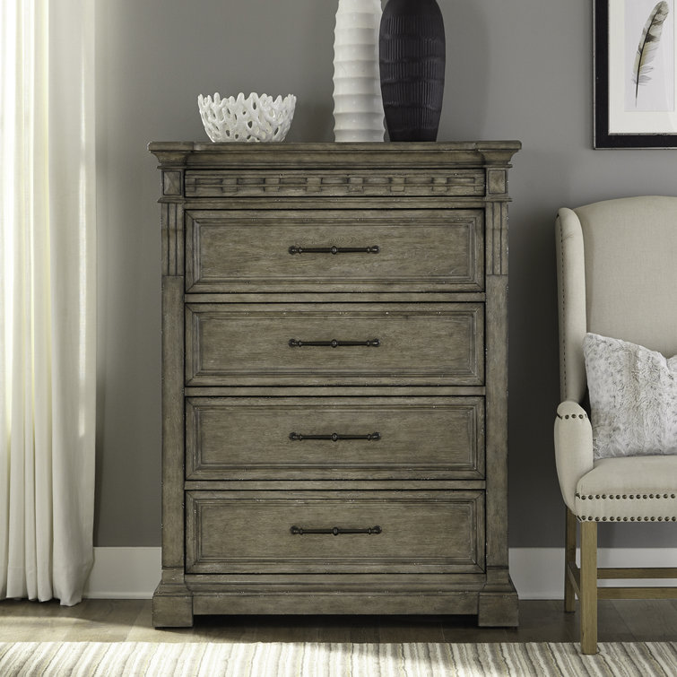 Dusty Taupe Oak Veneer Queen Panel Bed Set with Dresser and Mirror