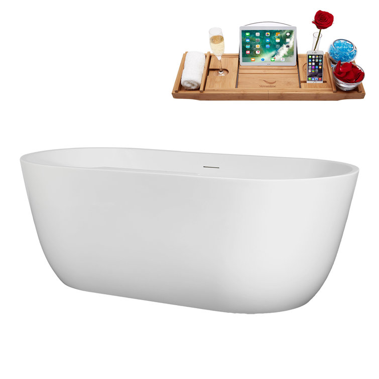 63" Glossy White Acrylic Freestanding Soaking Bathtub with Bamboo Tray