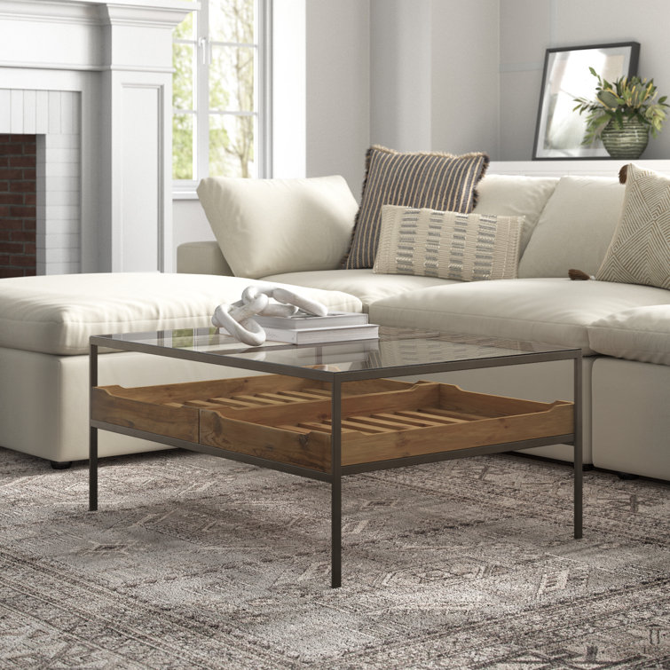 Reclaimed Pine and Glass Coffee Table with Storage Trays