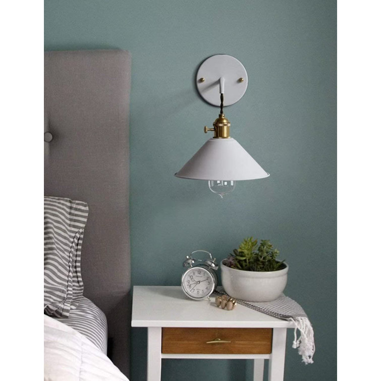 White and Brass Plug-In Wall Sconce Set with Metal Shade