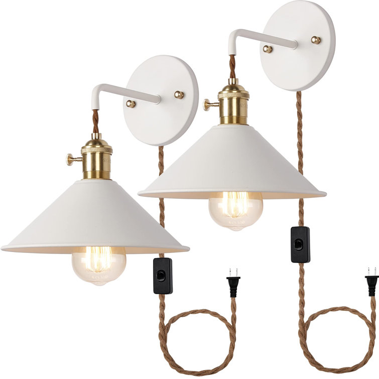White and Brass Plug-In Wall Sconce Set with Metal Shade