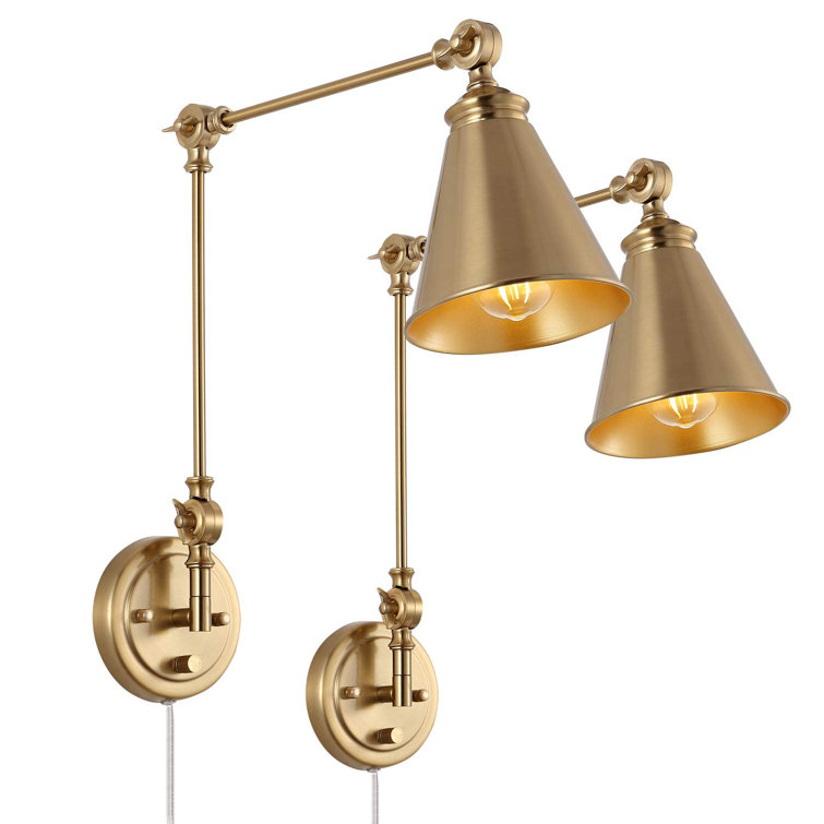 Gold Brass Swing Arm Wall Lamp Set with Metal Shade