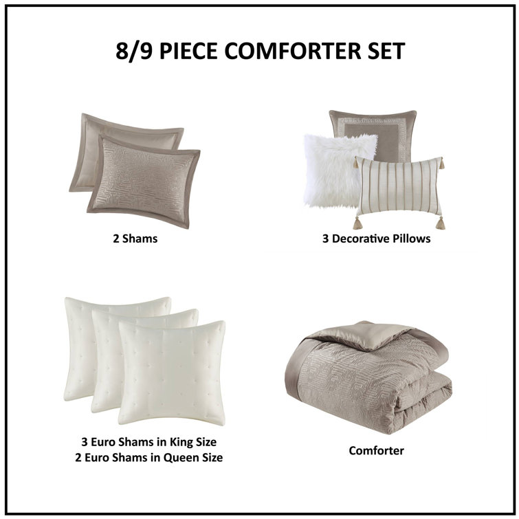 Beige Full Velvet Comforter Set with Euro Shams and Pillows