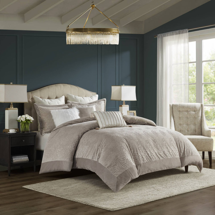 Beige Full Velvet Comforter Set with Euro Shams and Pillows