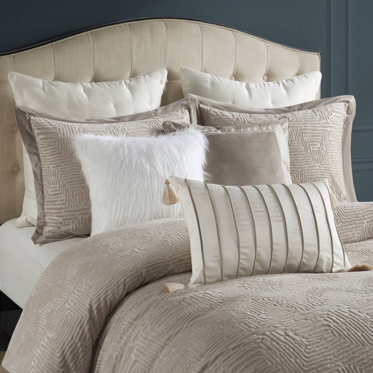 Beige Full Velvet Comforter Set with Euro Shams and Pillows