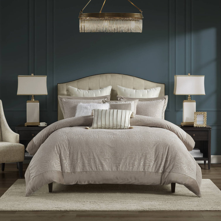 Beige Full Velvet Comforter Set with Euro Shams and Pillows