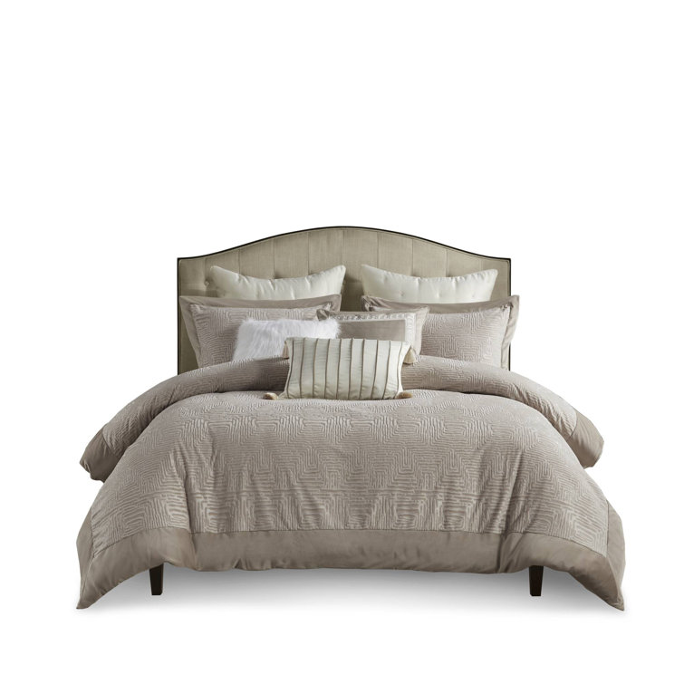 Beige Full Velvet Comforter Set with Euro Shams and Pillows