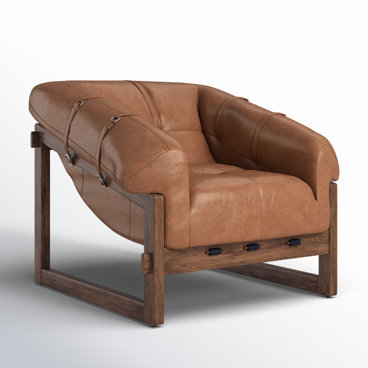 Bellos Brown Leather Club Chair with Dark Rubberwood Frame