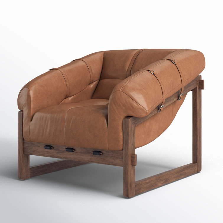 Bellos Brown Leather Club Chair with Dark Rubberwood Frame