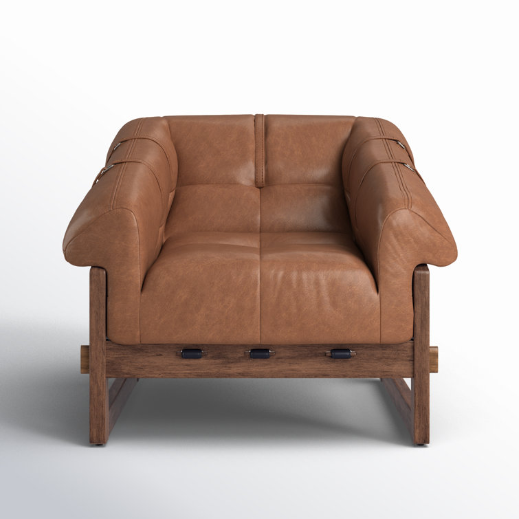 Bellos Brown Leather Club Chair with Dark Rubberwood Frame