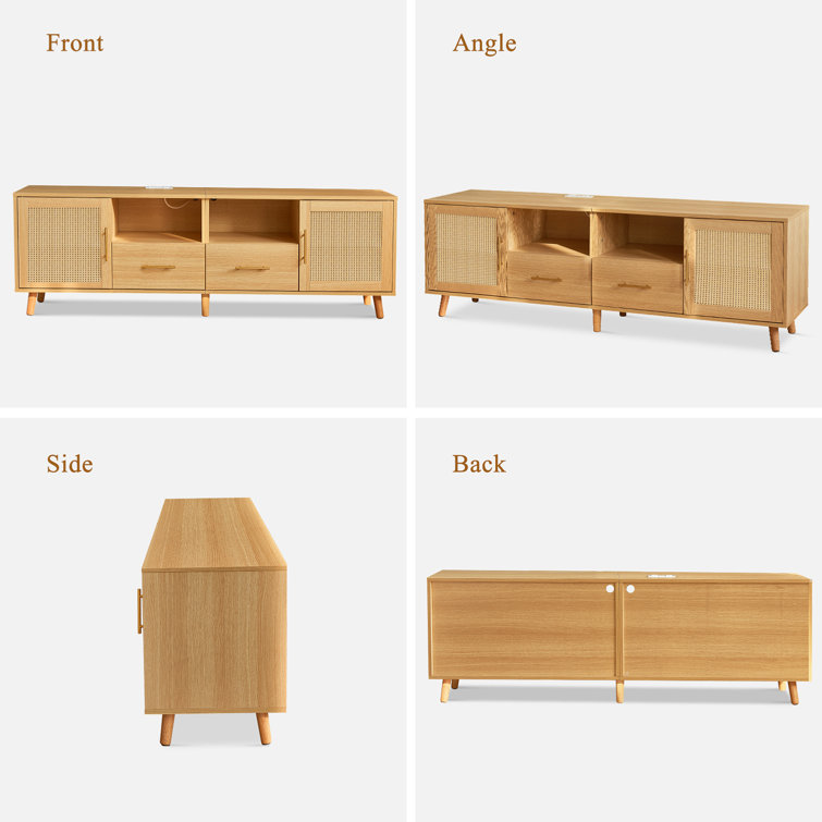 Natural Wood and Rattan TV Stand with LED Lights