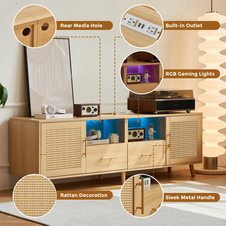 Natural Wood and Rattan TV Stand with LED Lights
