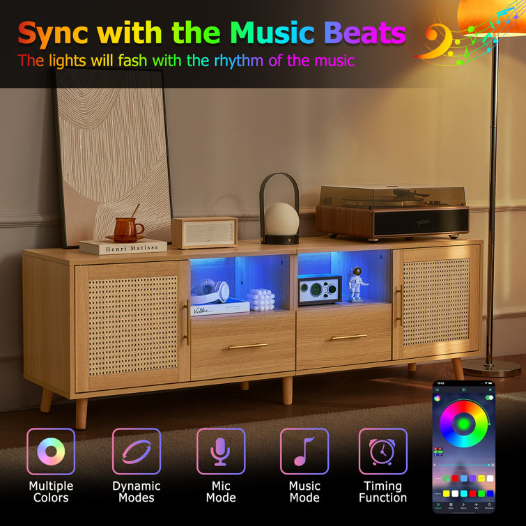 Natural Wood and Rattan TV Stand with LED Lights