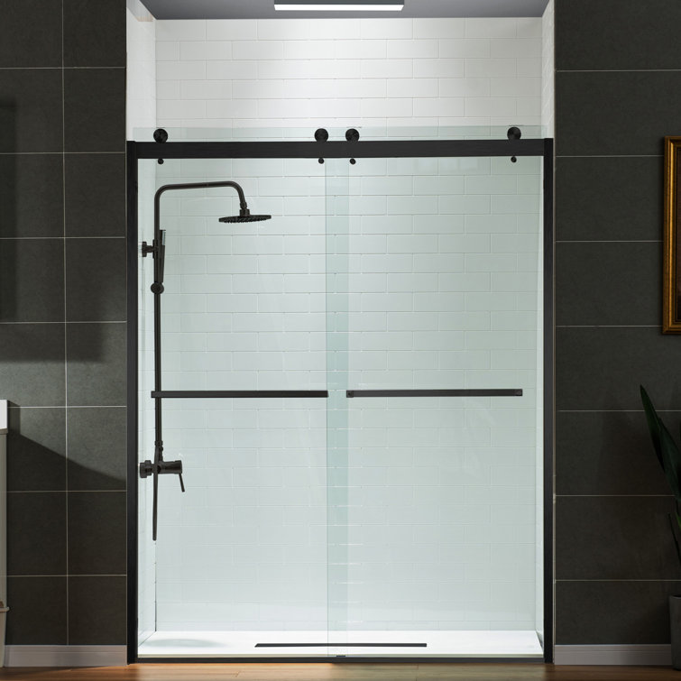 Matte Black Frameless Double Sliding Shower Door with Clear Tempered Glass