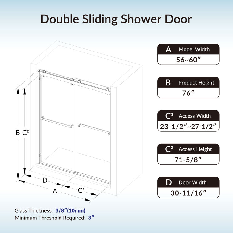 Matte Black Frameless Double Sliding Shower Door with Clear Tempered Glass
