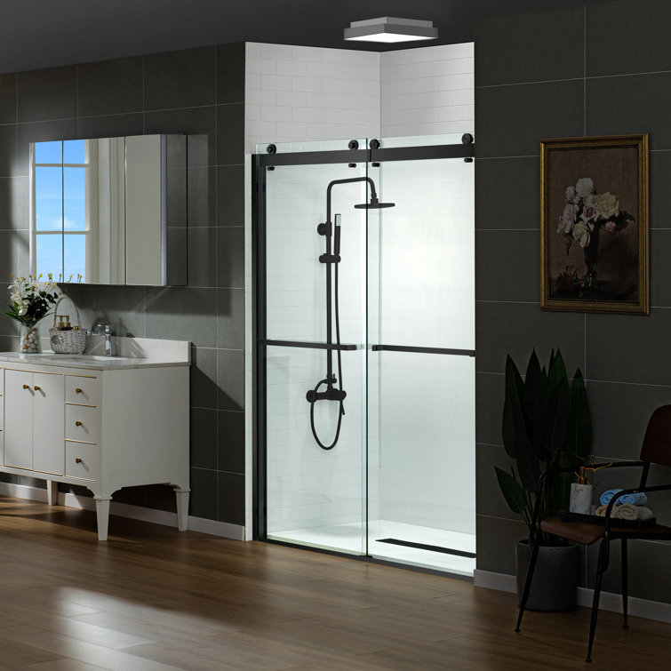 Matte Black Frameless Double Sliding Shower Door with Clear Tempered Glass