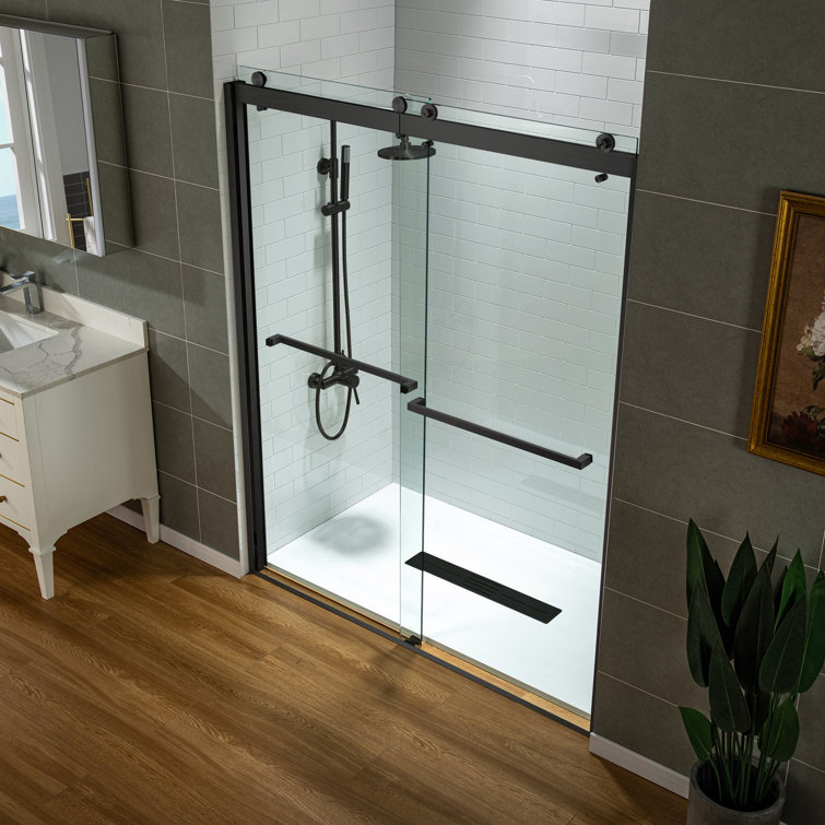 Matte Black Frameless Double Sliding Shower Door with Clear Tempered Glass
