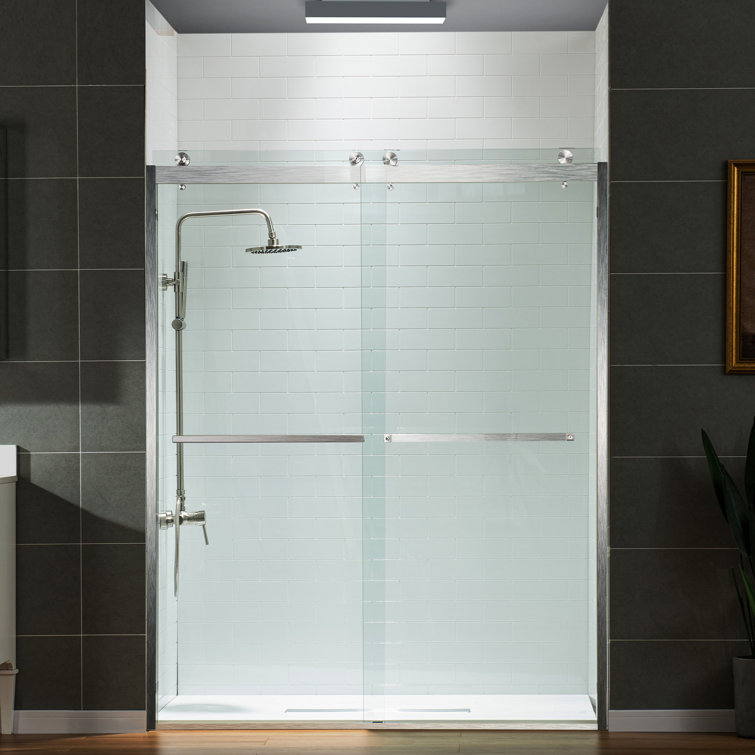 Brushed Nickel Frameless Double Sliding Shower Door with Clear Glass