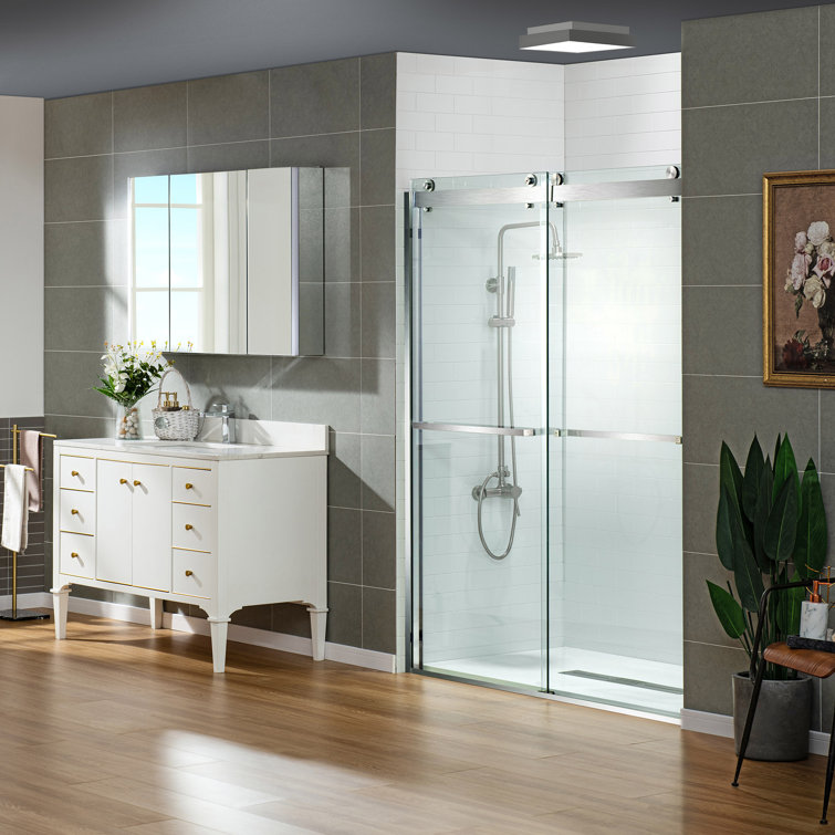 Brushed Nickel Frameless Double Sliding Shower Door with Clear Glass