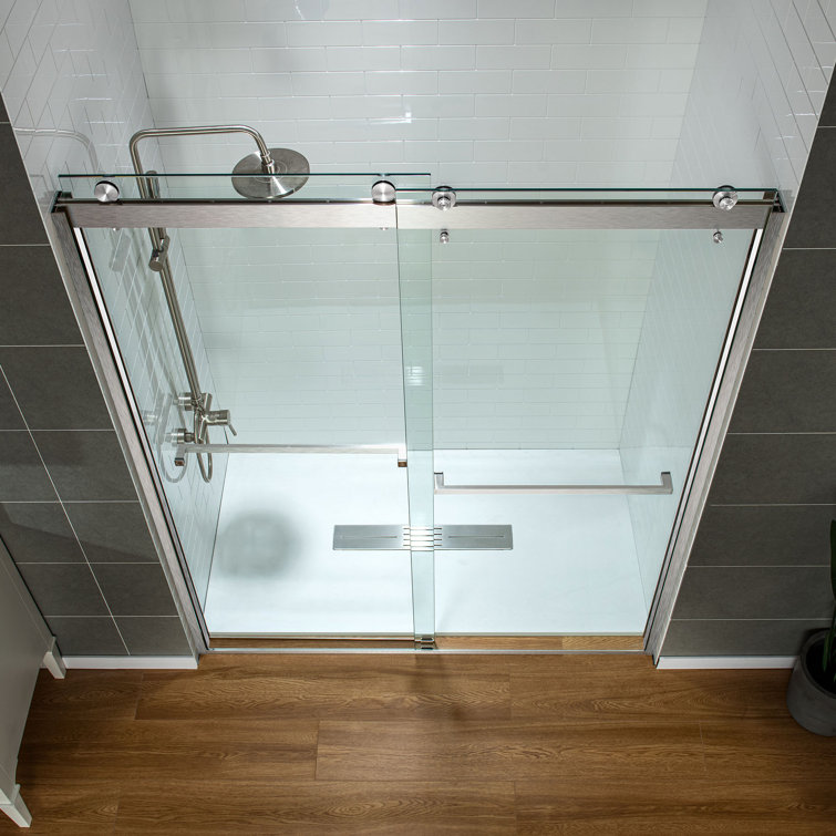 Brushed Nickel Frameless Double Sliding Shower Door with Clear Glass