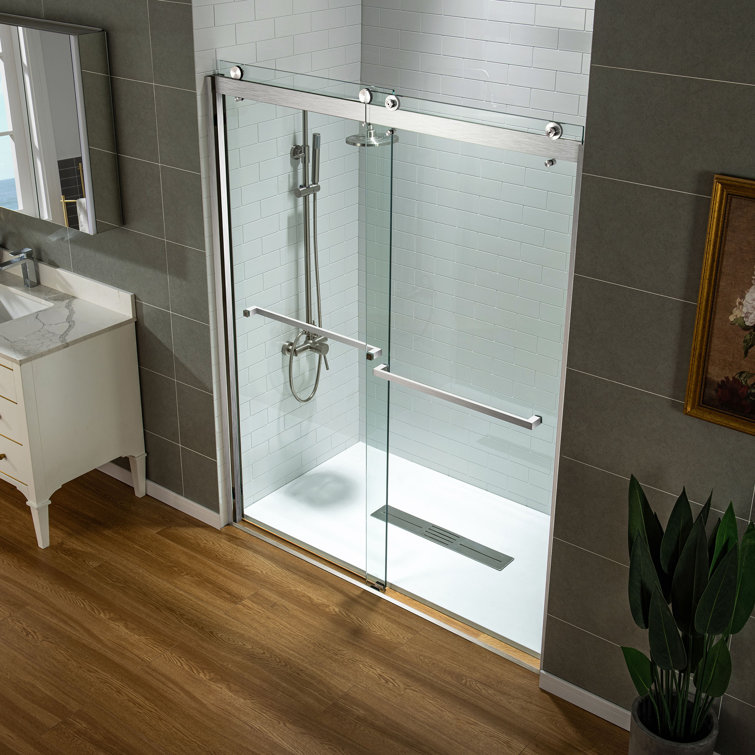 Brushed Nickel Frameless Double Sliding Shower Door with Clear Glass