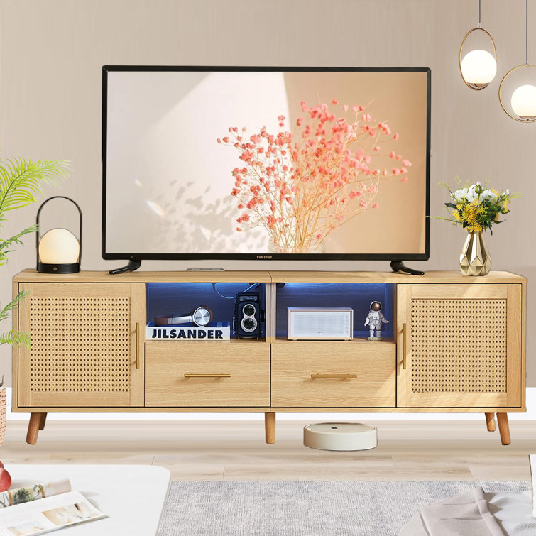 Natural Wood and Rattan TV Stand with LED Lights
