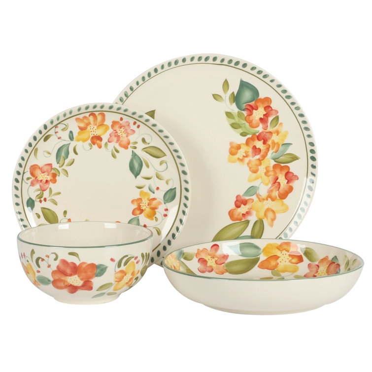 Bloomhouse Cassia Bud 16-Piece Hand Painted Floral Ceramic Dinnerware Set