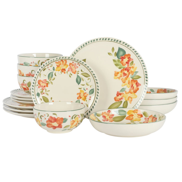 Bloomhouse Cassia Bud 16-Piece Hand Painted Floral Ceramic Dinnerware Set