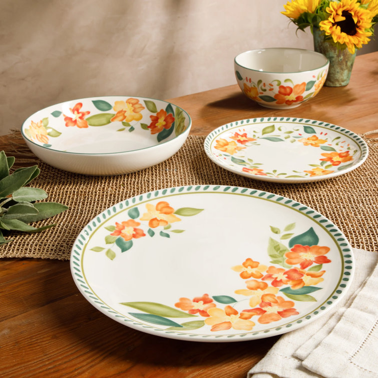 Bloomhouse Cassia Bud 16-Piece Hand Painted Floral Ceramic Dinnerware Set