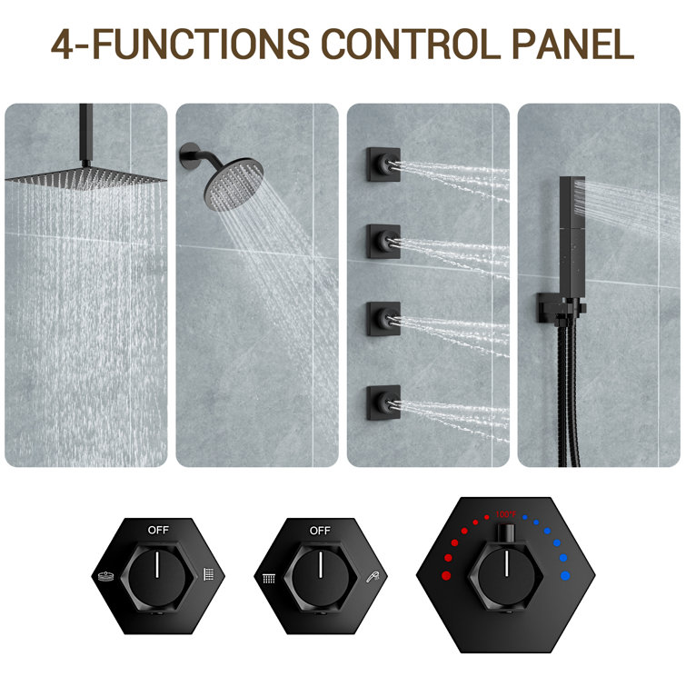 Matte Black Large Square Brass Ceiling Mounted Shower System