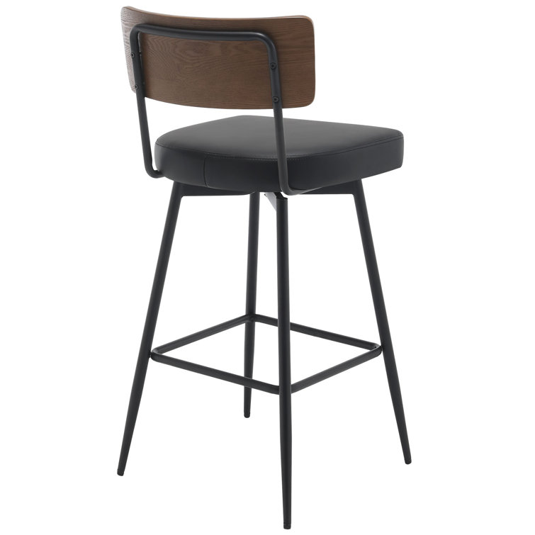 Black Swivel Bar Stools with Wood Back and Metal Legs