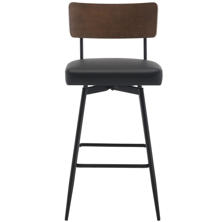 Black Swivel Bar Stools with Wood Back and Metal Legs