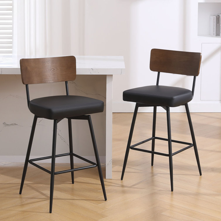 Black Swivel Bar Stools with Wood Back and Metal Legs