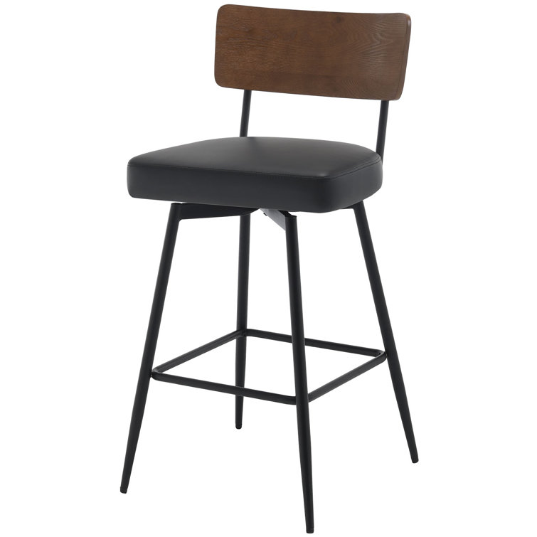 Black Swivel Bar Stools with Wood Back and Metal Legs