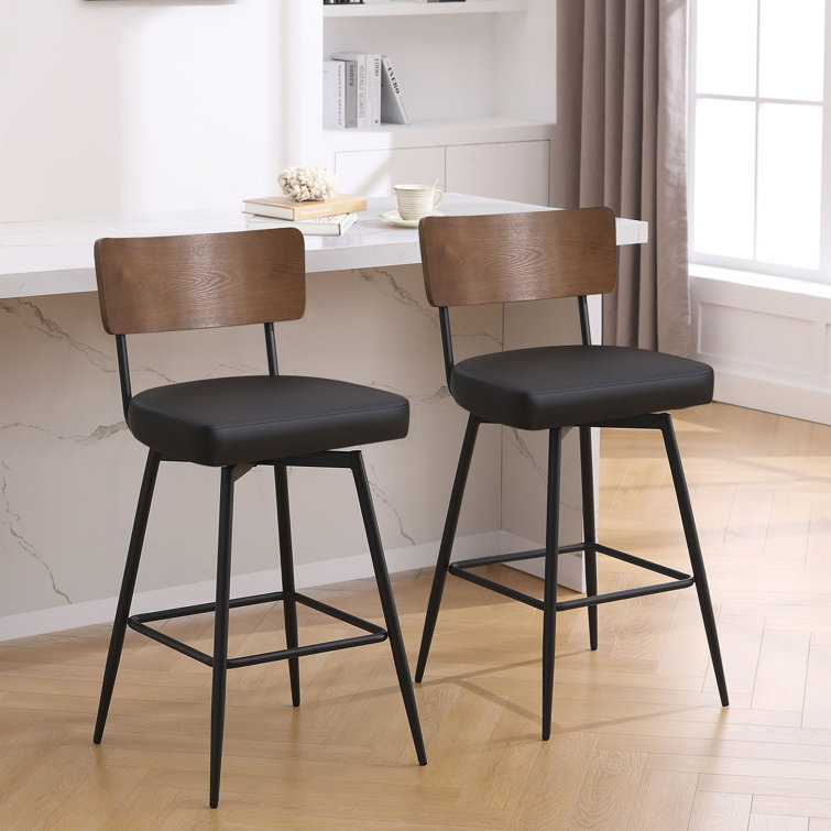 Black Swivel Bar Stools with Wood Back and Metal Legs
