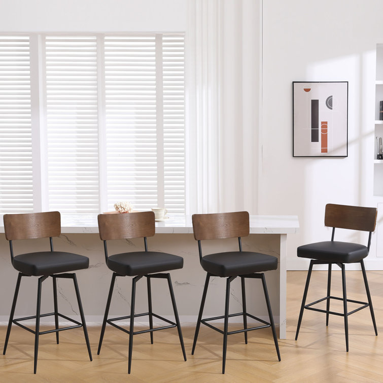Black Swivel Bar Stools with Wood Back and Metal Legs