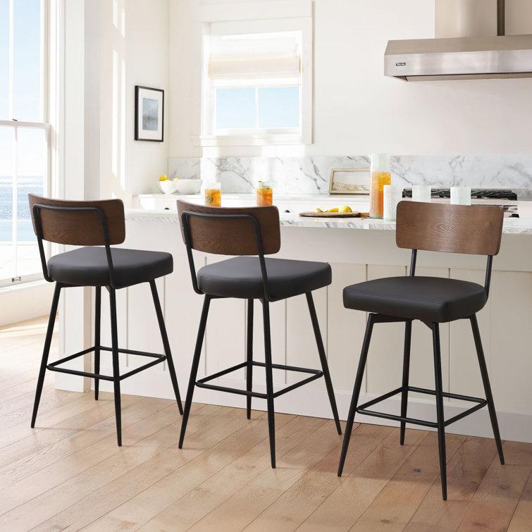 Black Swivel Bar Stools with Wood Back and Metal Legs