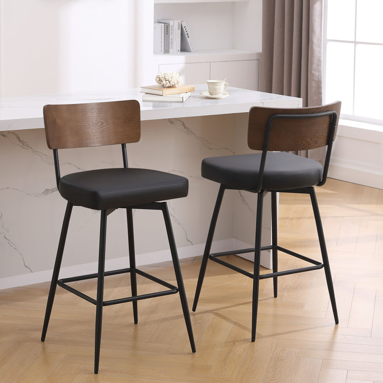 Black Swivel Bar Stools with Wood Back and Metal Legs